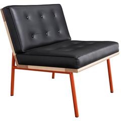 DGD Lounge Chair, Black Leather, Orange Powder Coated Steel, Maple Hardwood