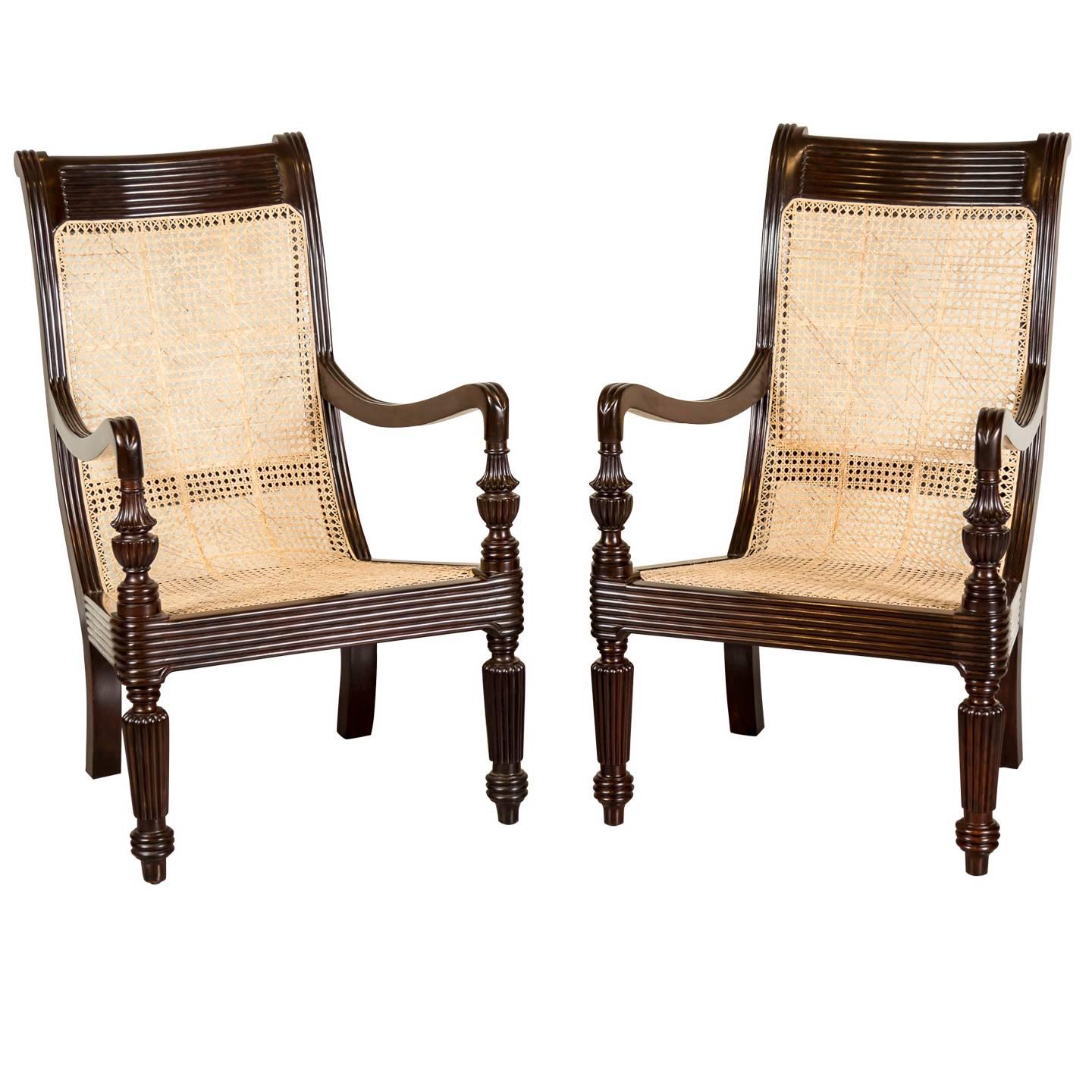 Pair of Anglo-Indian or British Colonial Rosewood and Cane Library Chairs