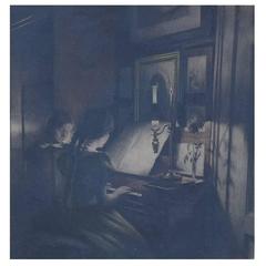 Peter Ilsted: Interior with two girls at the piano, Mezzotint in colors Painting