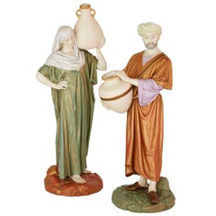 Antique Pair of Orientalist Royal Worcester Porcelain Figures of Water Carriers