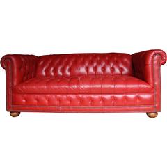 Mid-Century Modern Red Leather Tufted Chesterfield Sofa
