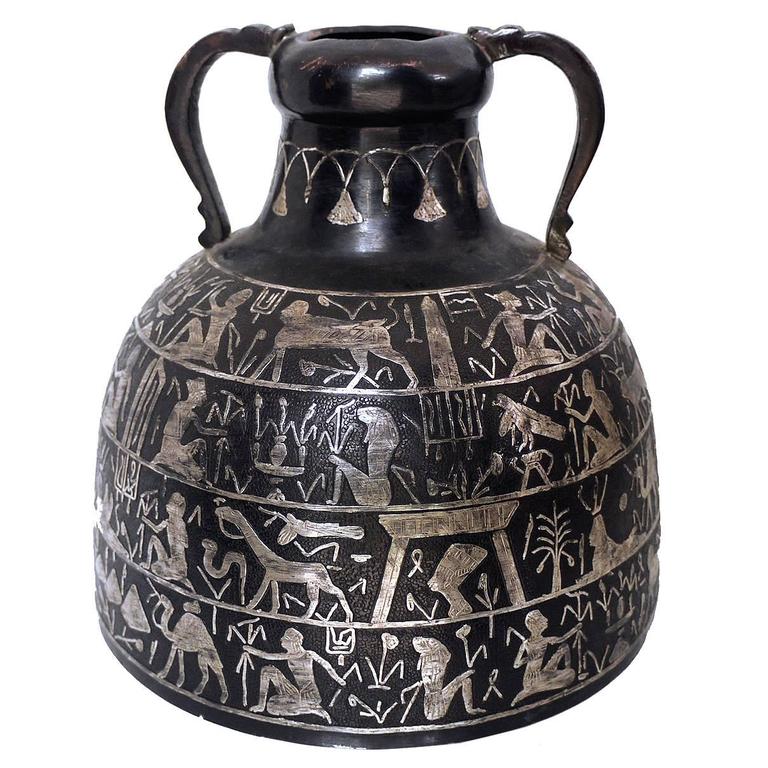 Egyptian Patinated Copper Vase with Silver Inlay For Sale at 1stdibs