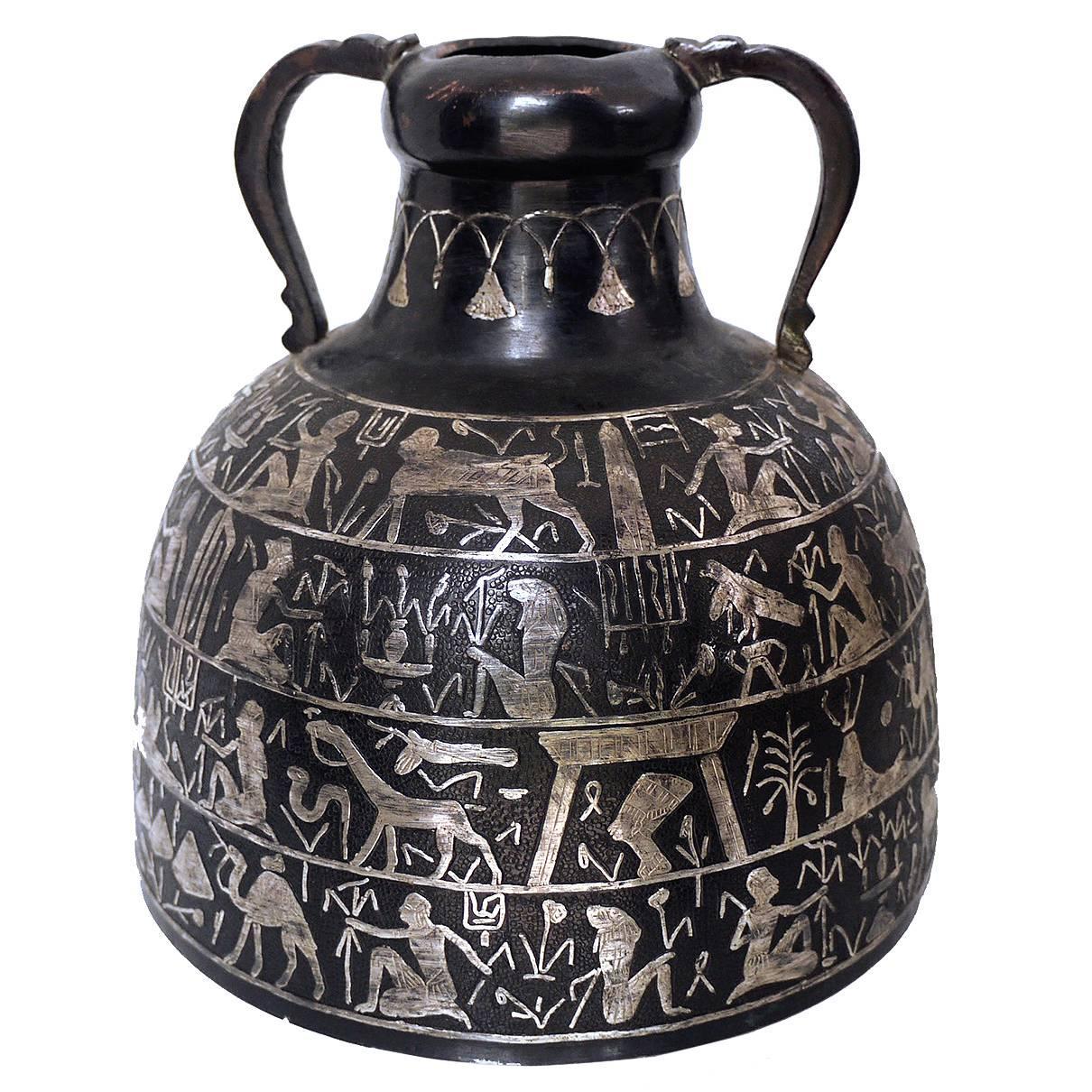 Egyptian Patinated Copper Vase with Silver Inlay For Sale at 1stdibs