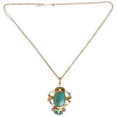 Vintage Unique Gold-Plated Turquoise Pendant, Handmade in Afghanistan