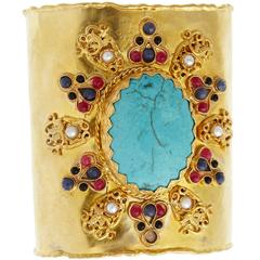 Vintage Unique Gold Plate Open Cuff with Central Turquoise Stone from Afghanistan