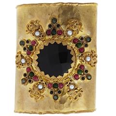 Vintage Unique Gold Plate Open Cuff with Central Black Agathe Stone from Afghanistan
