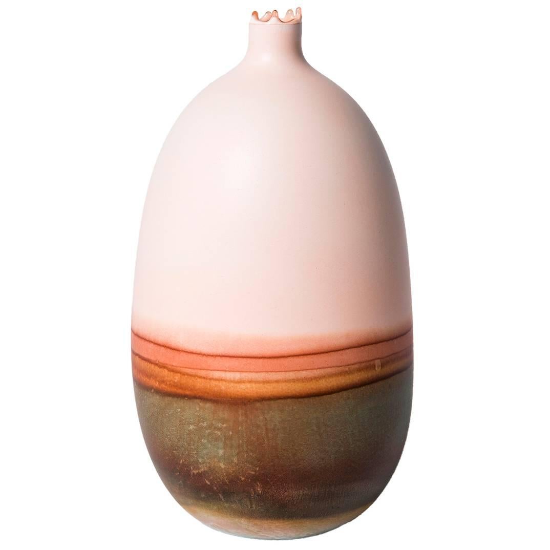 Unique Handmade 21st Century Peach and Rust Dip-Dyed Oblong Vase