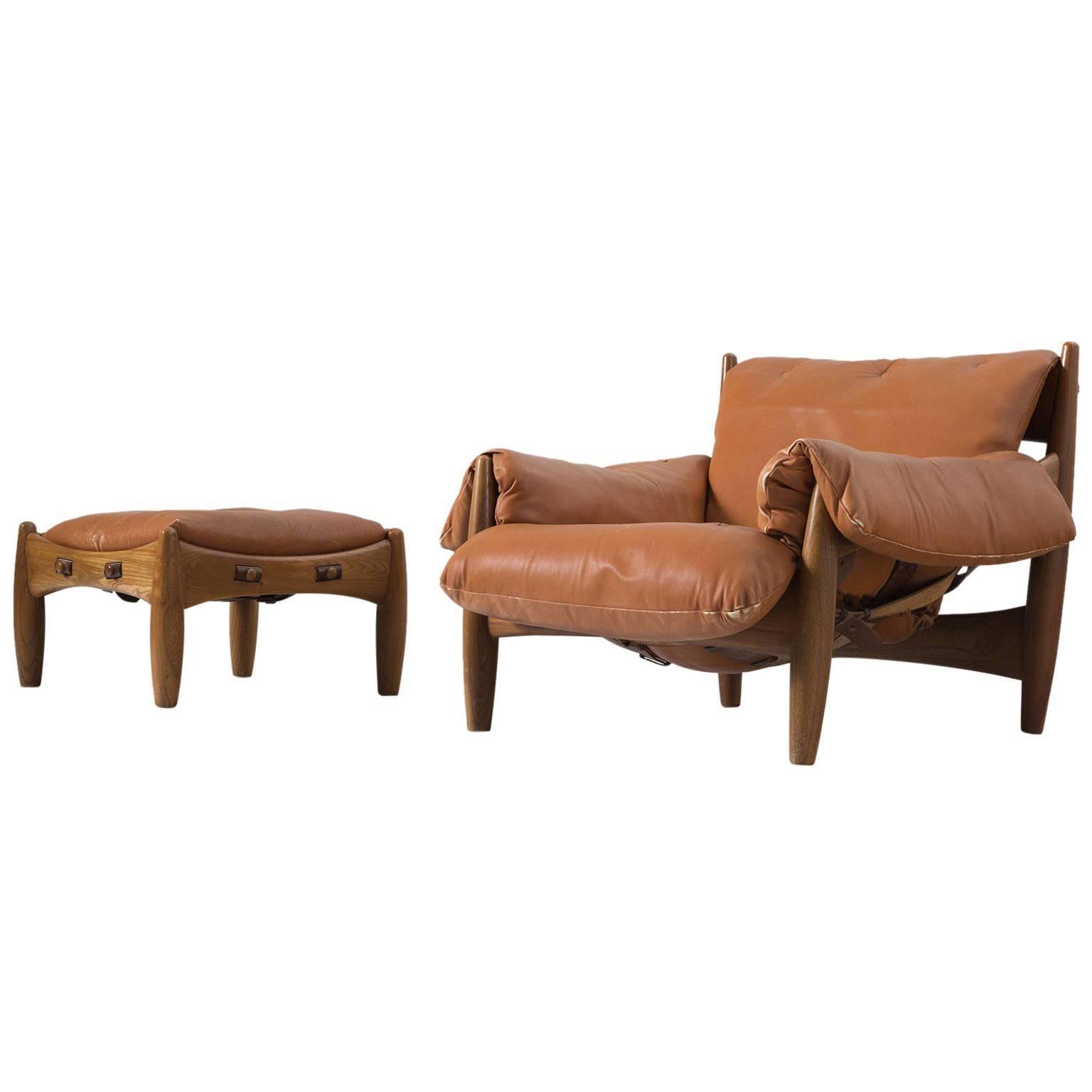 Sergio Rodrigues 'Sheriff' Lounge Chair with Ottoman in Original Brown Leather