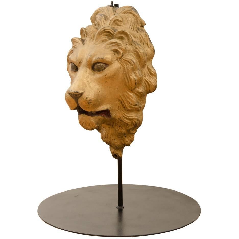 Cast Iron Lion's Head Architectural Medallion with Stand, circa 1920 For Sale