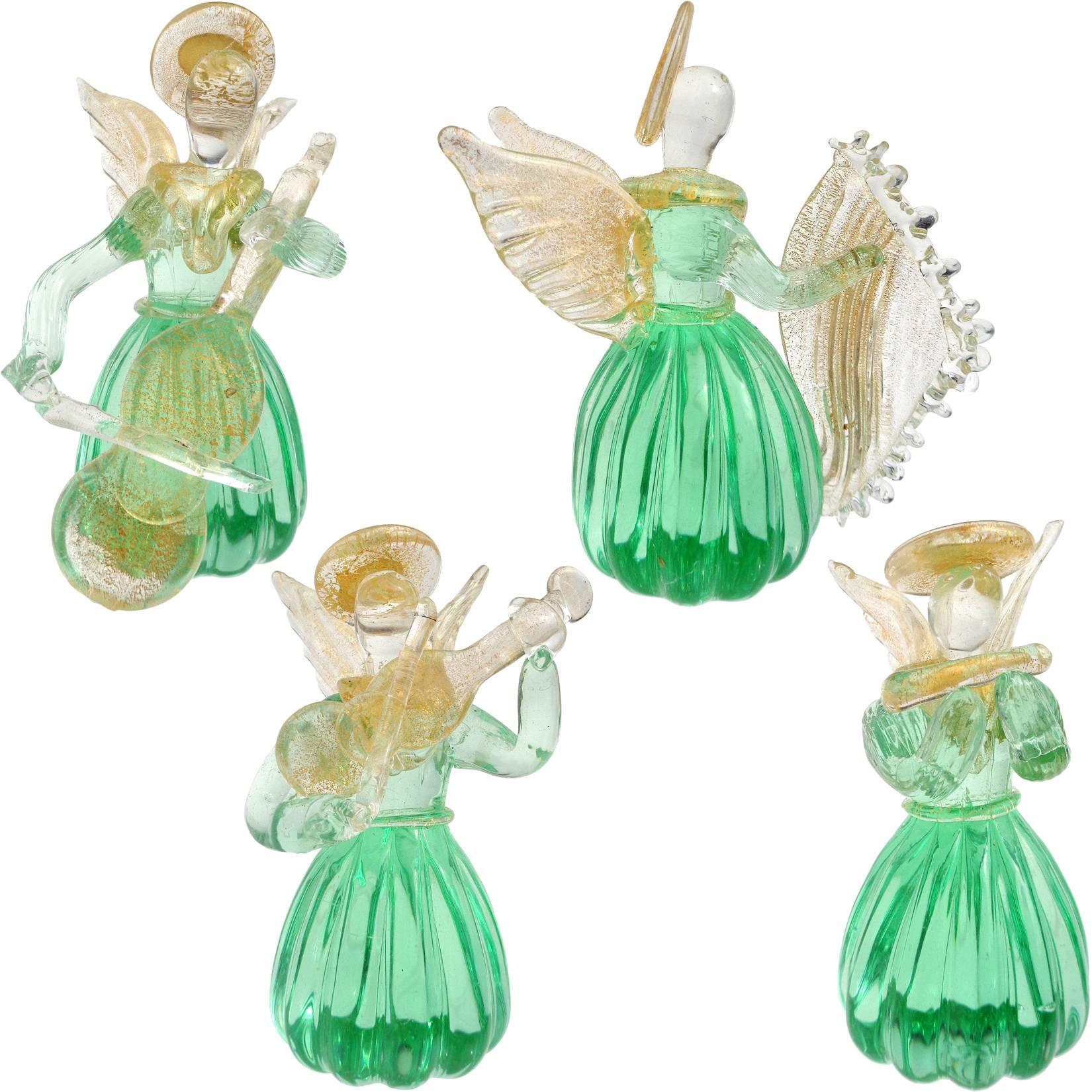 Murano Green Gold Italian Art Glass Angel Musical Quartet Figurine Set