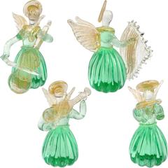 Vintage Murano Green Gold Italian Art Glass Angel Musical Quartet Figurine Set