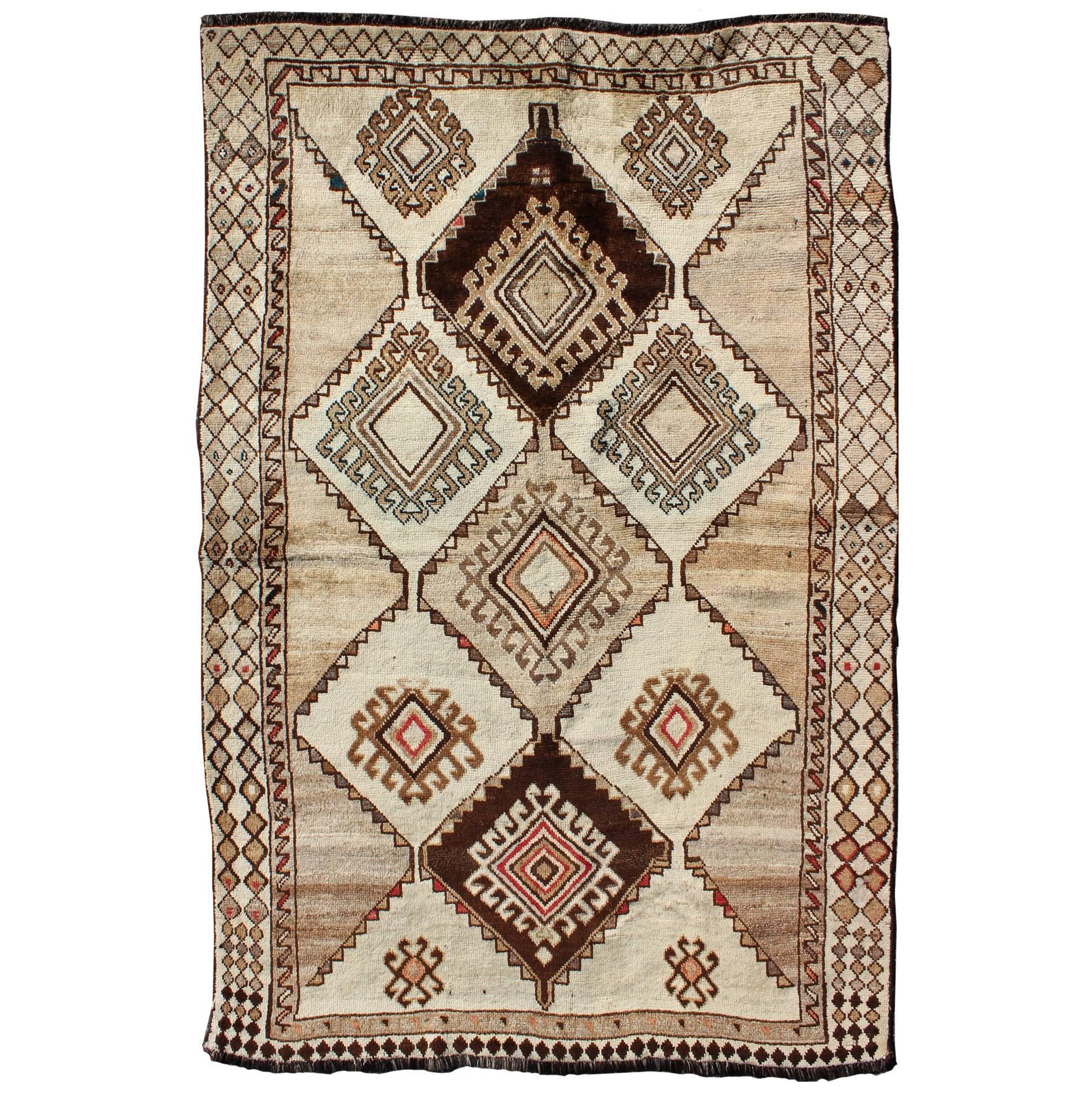 Vintage Persian Gabbeh With Diamond and Geometric Design in Earth Tones For Sale