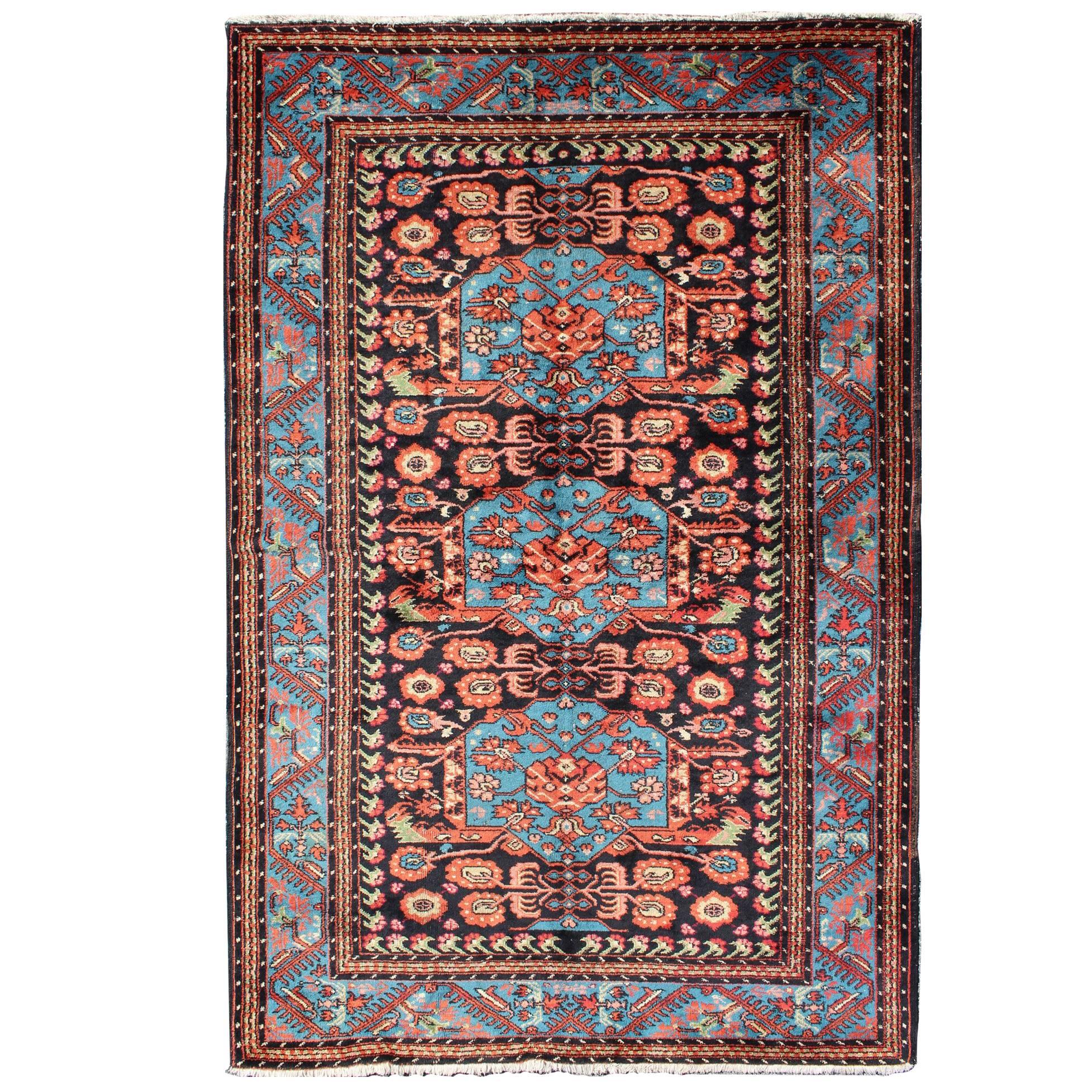 Antique Persian Mahal Rug in Black Background and Blue Border