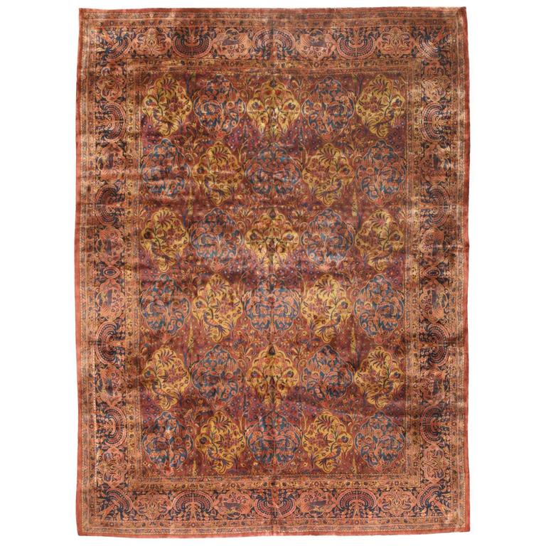 Antique Peach and Green Persian Kashan Carpet For Sale at 1stdibs