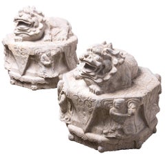 Antique Pair of Reclining Stone Fu Dogs