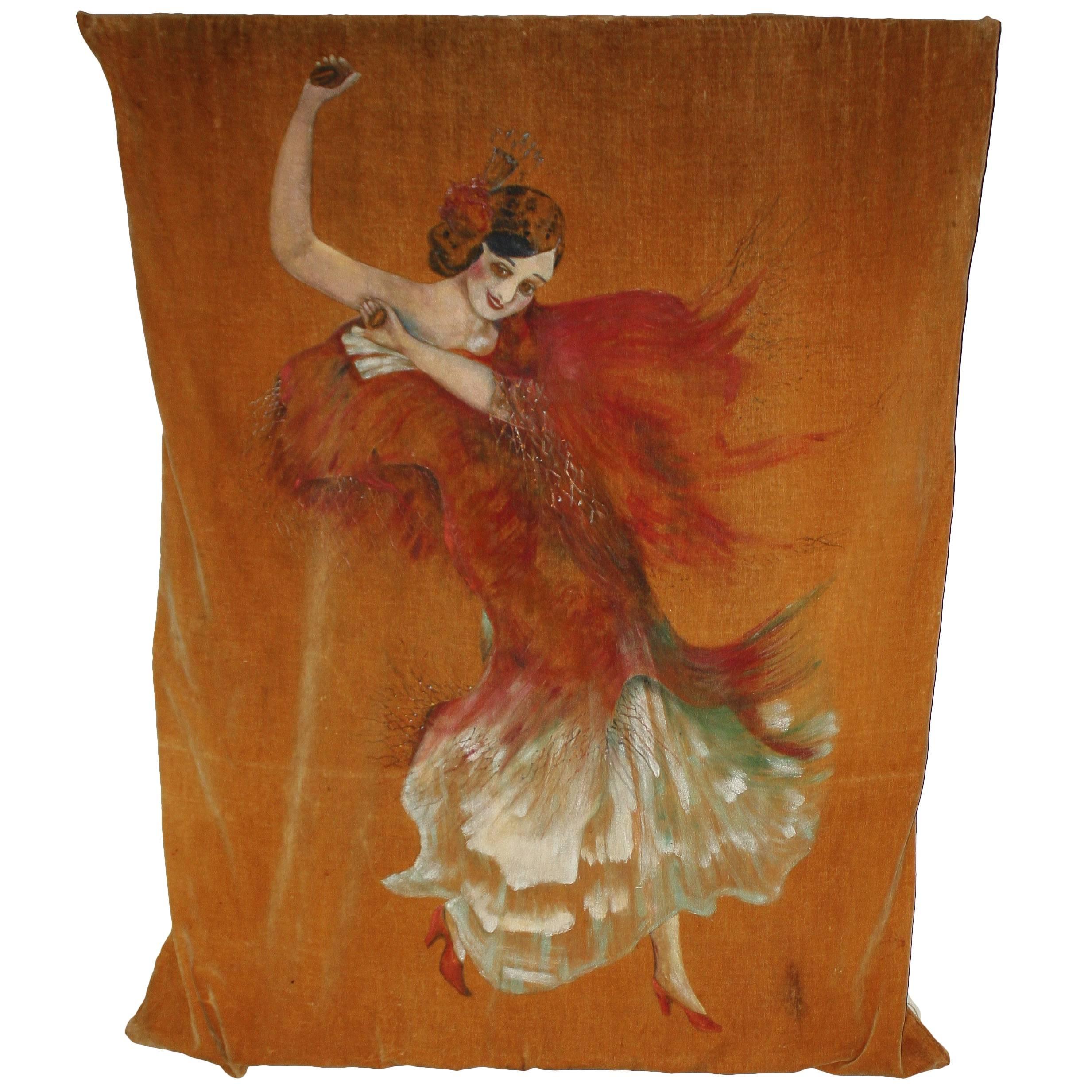 1920s Dancing Señorita Hand-Painted Tapestry Panel For Sale