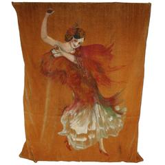 Antique 1920s Dancing Señorita Hand-Painted Tapestry Panel