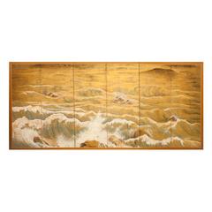 Japanese Six-Panel Screen, Rocks and Waves in a Coastal Landscape 10