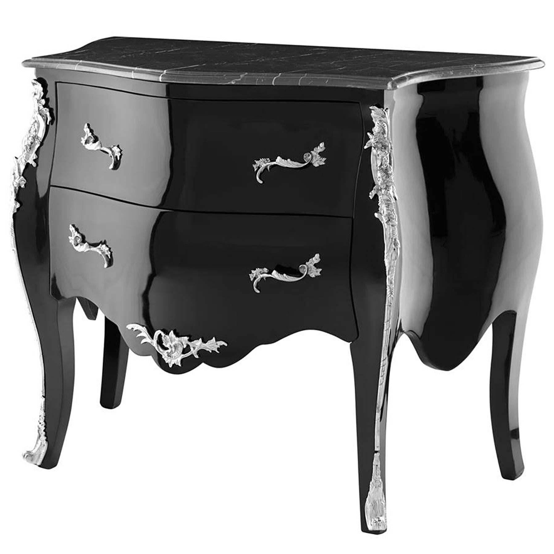 Loire Chest in Black Lacquered Wood Nickel Details and Marble Top