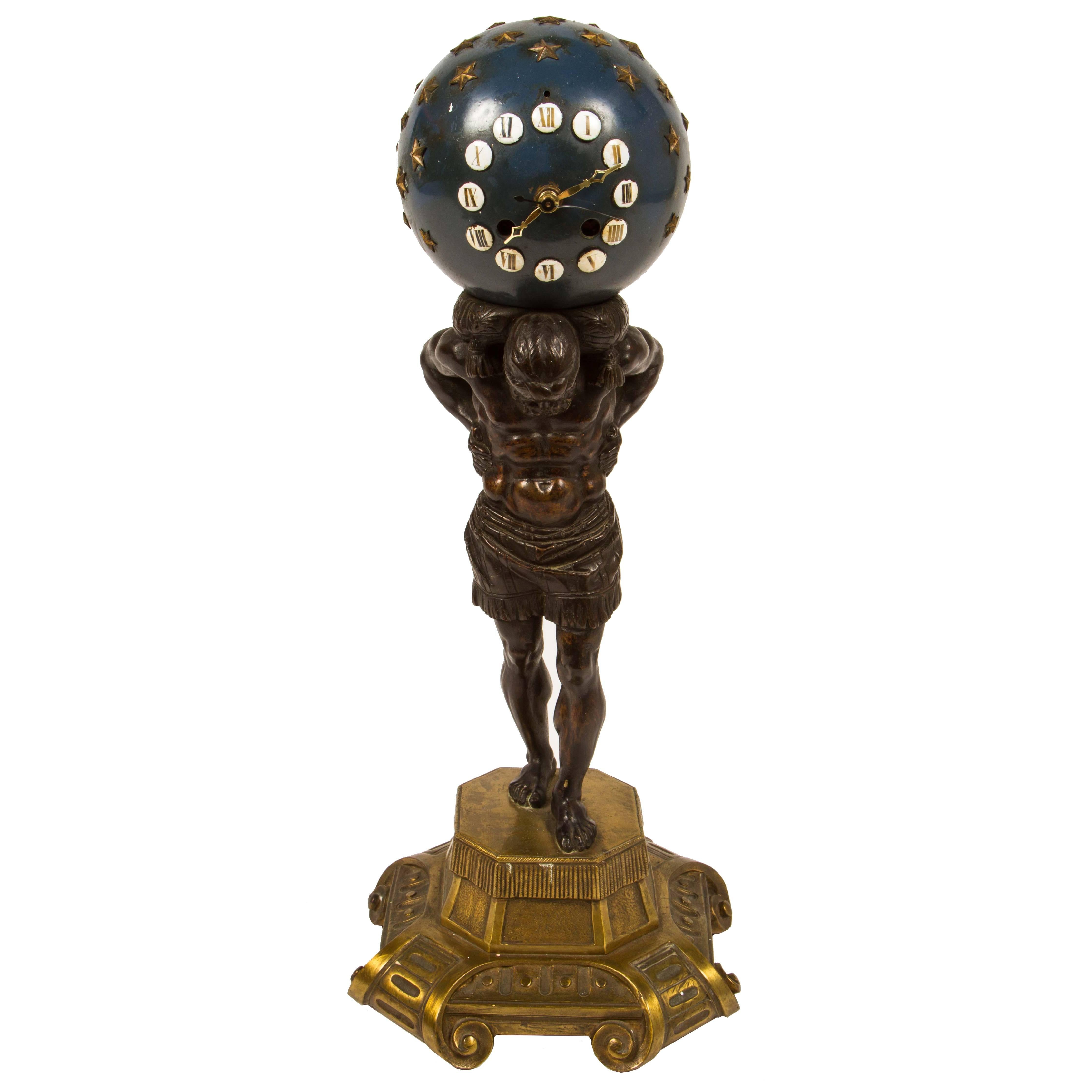 19th Century Bronze and Enamel Clock, Atlas with Globe For Sale