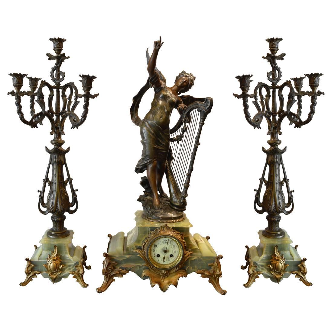 19th Century Signed French Clock Set For Sale