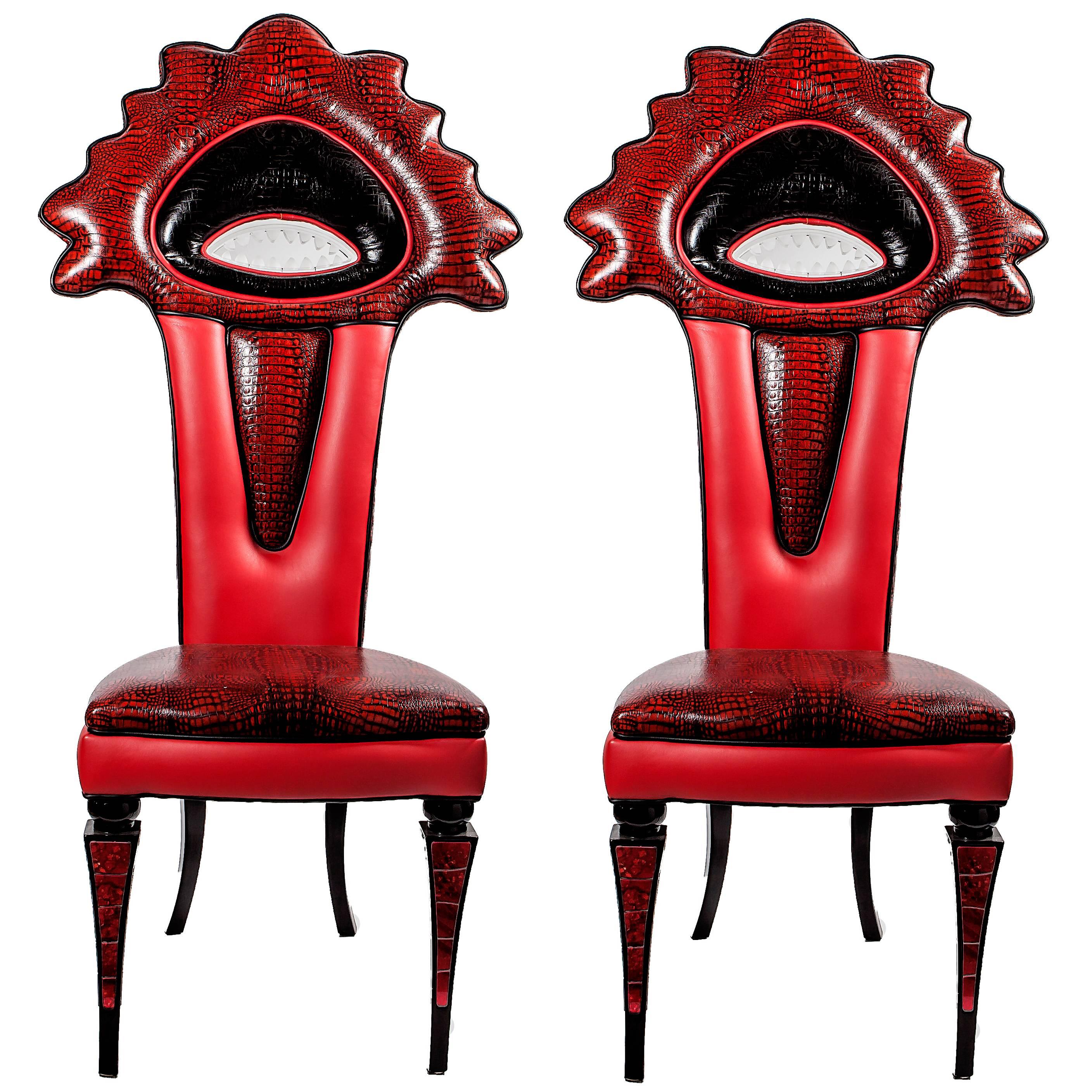 Amazing Set of Six Chairs with a Stylized Head of a Shark For Sale