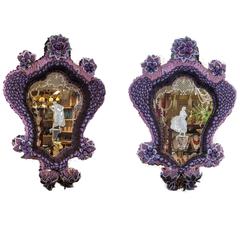Pair of Two Lights Mirrors Beaded with Etched Glass Figures 1