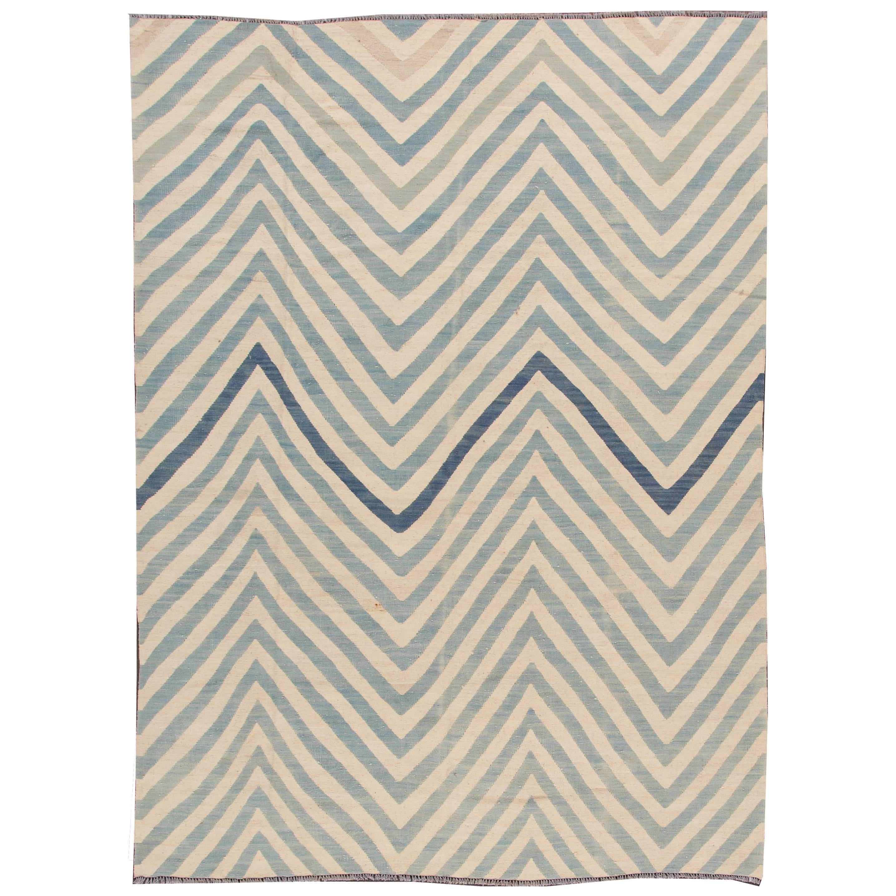 21st Century Contemporary Beige, Blue Pakistani Kilim-Style Rug