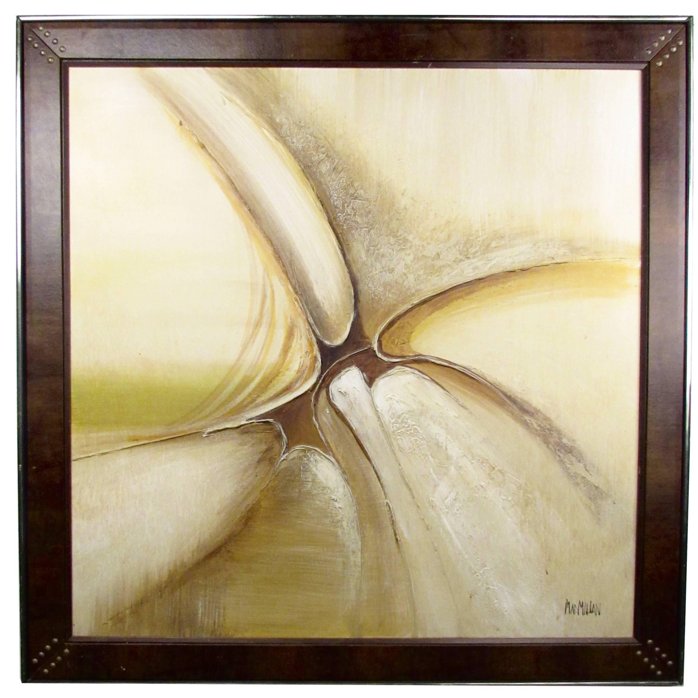 Mid-Century Modern Acrylic Painting with Faux Leather Frame, Signed Macmillan