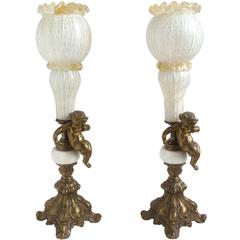 Murano White Gold Flecks Italian Art Glass, Marble, Brass Cherub Torch Lamps 3