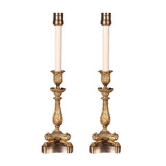 Antique Pair of Electrified Empire Gilt Bronze Candlesticks, circa 1810