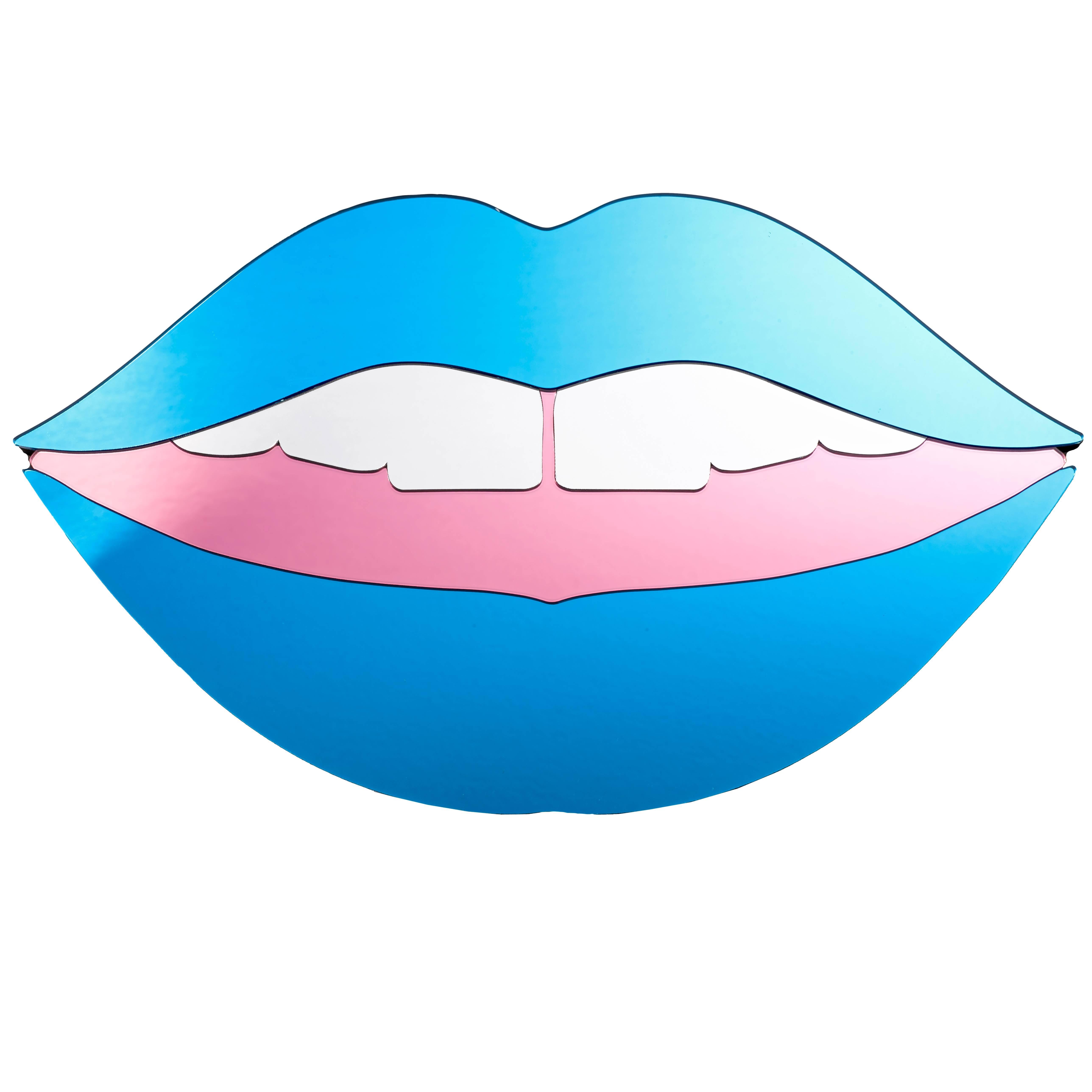 Blue Lip Mirror by Bride & Wolfe in Perspex with Wood Backing For Sale