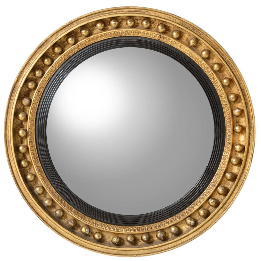 English, Gilt Gold and Black Regency Round Convex Mirror, circa 1820s