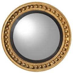 Antique English, Gilt Gold and Black Regency Round Convex Mirror, circa 1820s