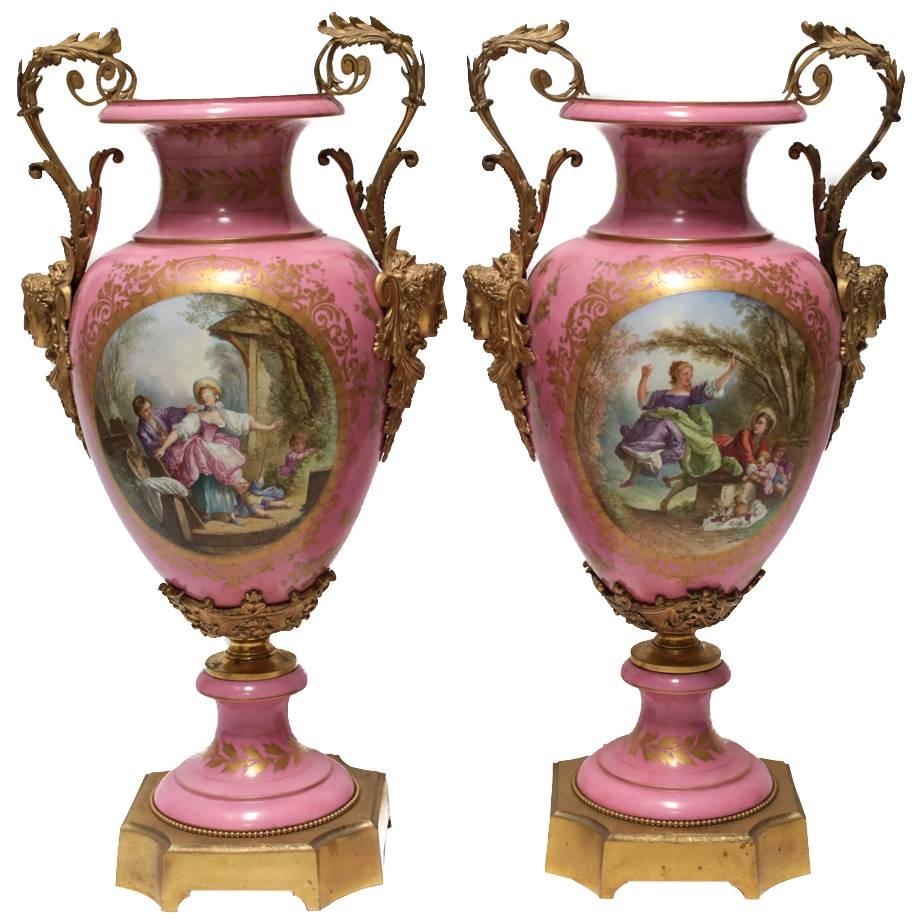 19th Century Palatial Pair of Ormolu-Mounted Sevres Urns For Sale