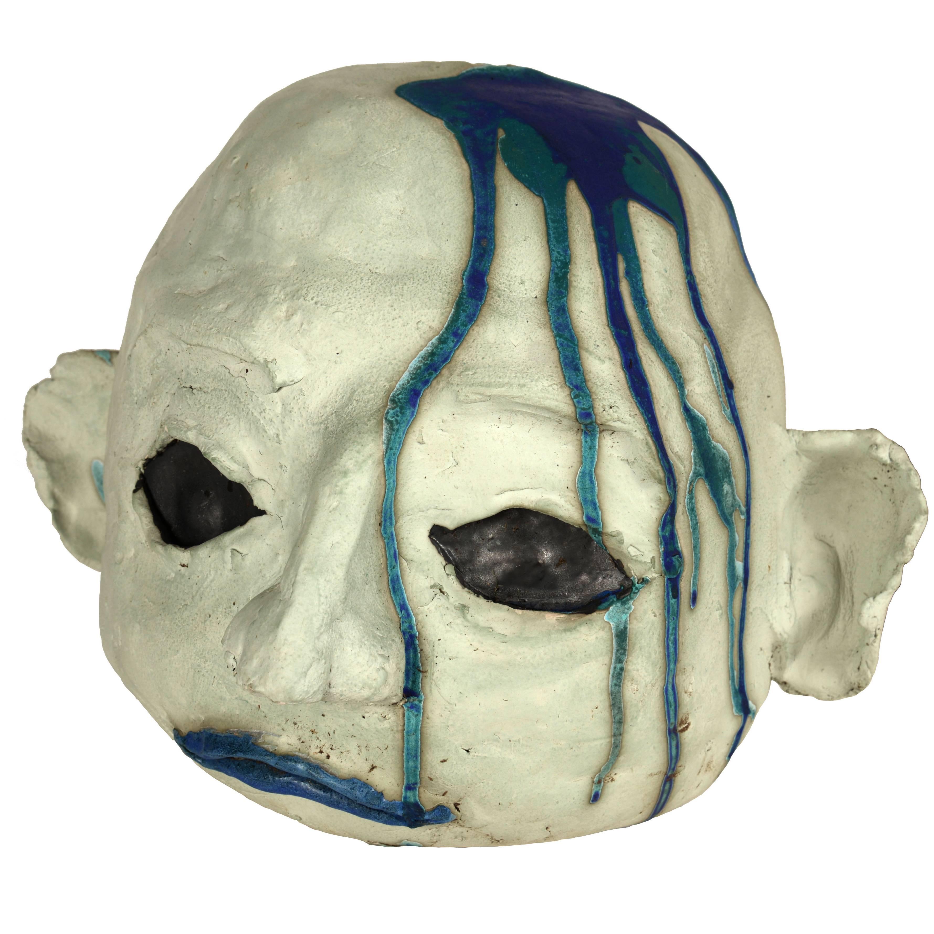 Large Ceramic Alien Head in Blue Tones For Sale
