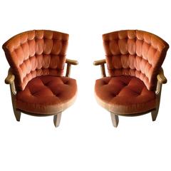 Pair of Guillerme et Chambron Armchairs in Cerused Oak and Coral Orange Velvet