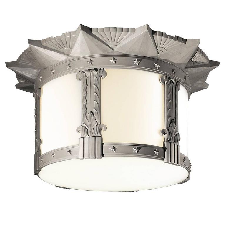 1930s Art Deco Flush Mounted Lighting Fixture Cast Aluminum Drum 1930s Art Deco Flush Mounted Lighting Fixture Cast Aluminum Drum Shape For