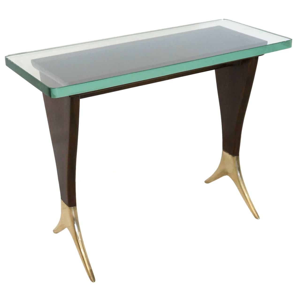 Cesare Lacca Rectangular Wood and Brass Side Table with Glass Top, Italy For Sale