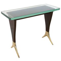 Cesare Lacca Rectangular Wood and Brass Side Table with Glass Top, Italy