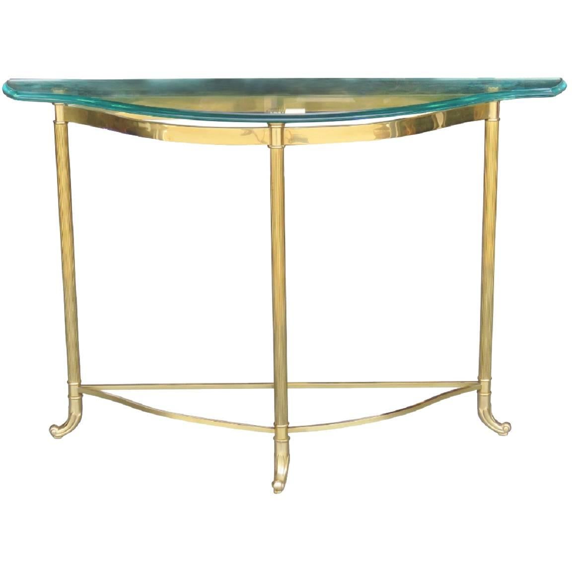 Brass Demilune Glass Top Console Table Attributed to Mastercraft