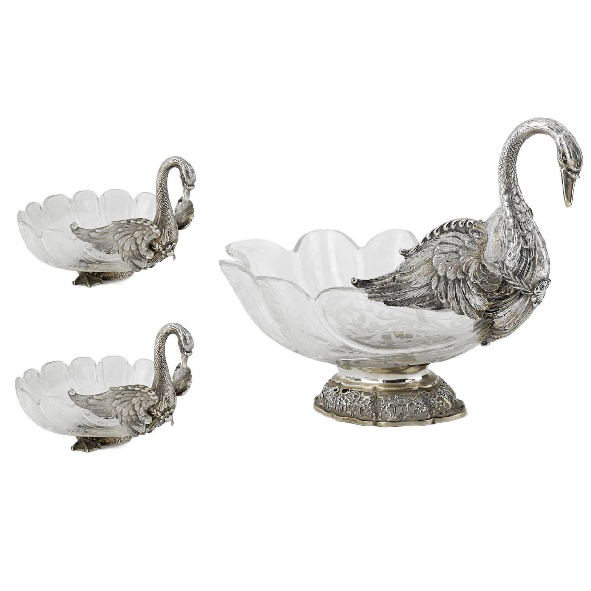 German Three-Piece Silver Swan Centerpiece Set by J.D. Schleissner & Sohne