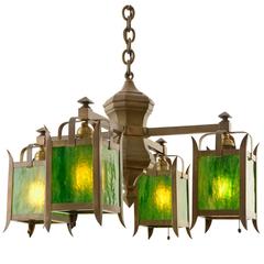 Antique Unusual Arts & Crafts Chandelier with Green Art Glass, circa 1910