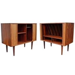 Vintage Pair of Mid-Century Oak and Rosewood Record Cabinets, circa 1960
