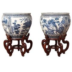 Pair of Chinese Large Fish Bowls on Teak Stands