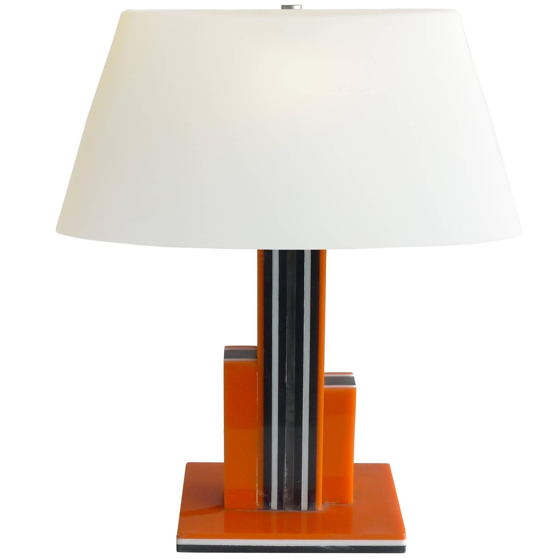 1940s Art Deco Black and Orange Lucite Table Lamps with White Glass Shade For Sale