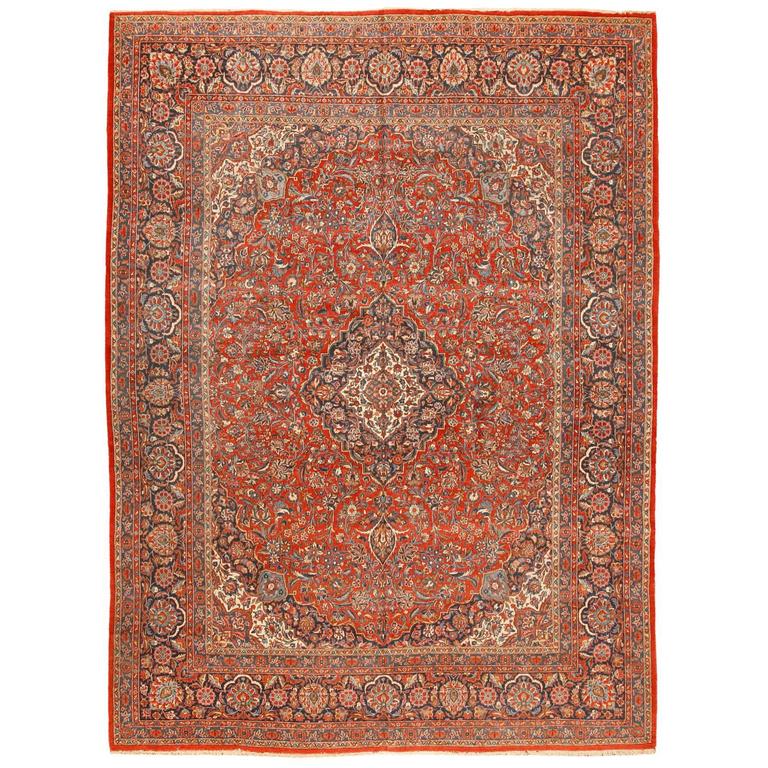 Antique Peach and Green Persian Kashan Carpet For Sale at 1stdibs