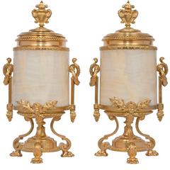 Pair of French 19th Century Renaissance St. Onyx and Ormolu Urns