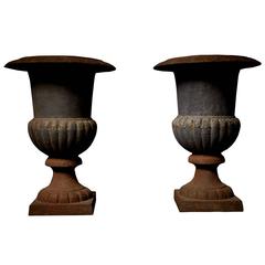 Pair of Characterful Aged Blue Black Garden Urns, Early 20th Century