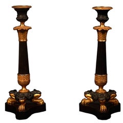 Fine Pair of Patinated and Gilt Bronze French Empire Candlesticks, 19th Century
